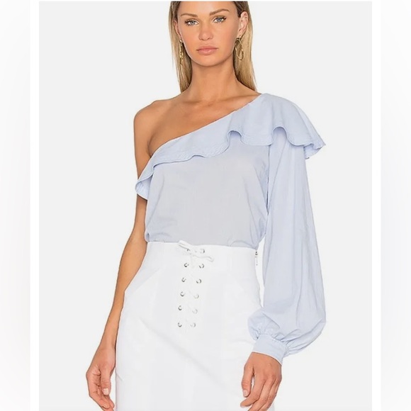 ALC BRIELLE Blue Poplin One Sleeve Ruffle Top Size 2 - Picture 1 of 13